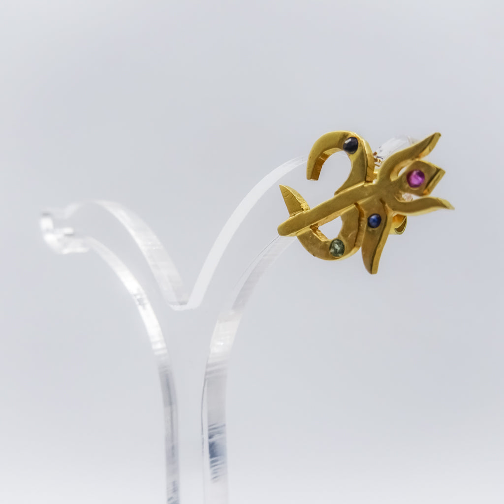 18k single Gold Om Trishul Stud Earring with Multi Gemstones | Ruby Sapphire Peridot | Spiritual Healing Jewelry