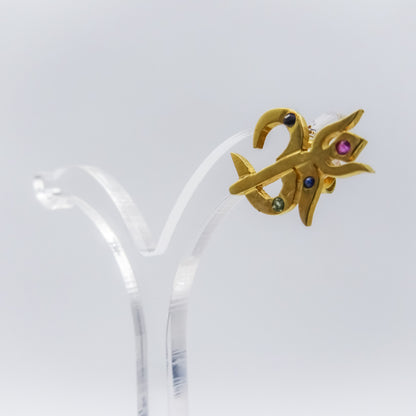18k single Gold Om Trishul Stud Earring with Multi Gemstones | Ruby Sapphire Peridot | Spiritual Healing Jewelry