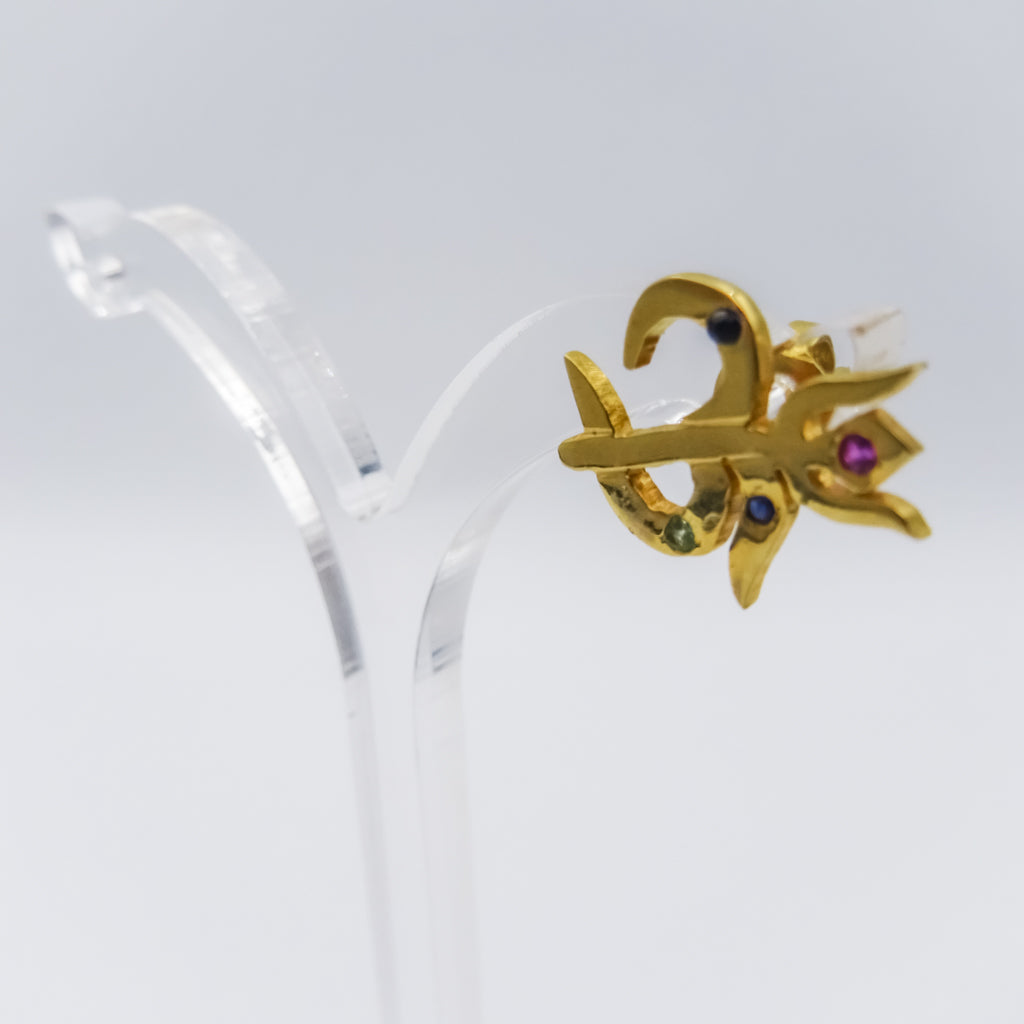 18k single Gold Om Trishul Stud Earring with Multi Gemstones | Ruby Sapphire Peridot | Spiritual Healing Jewelry