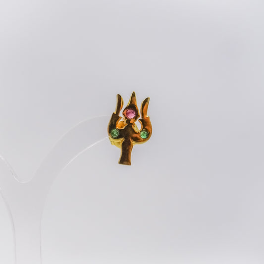 Trishul-Inspired 18k Gold Stud Earring with Ruby & Emerald Accents