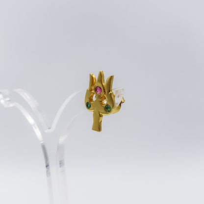 Trishul-Inspired 18k Gold Stud Earring with Ruby & Emerald Accents
