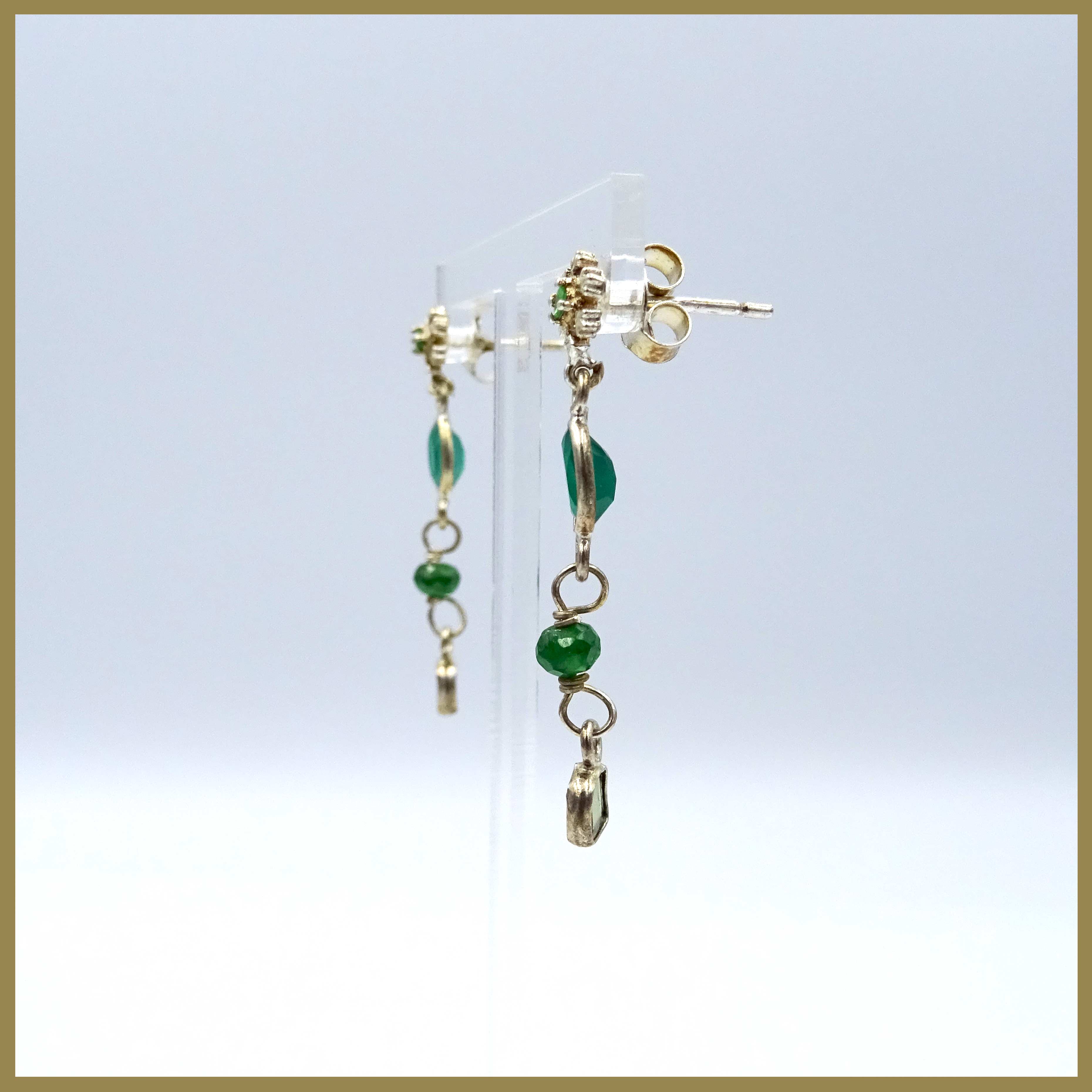 Silver Snowflake Earrings with Green Aventurine, Savorite, and Tourmaline Gemstones