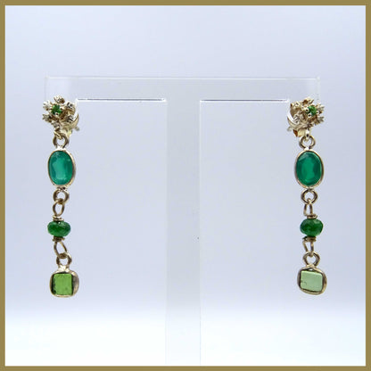 Silver Snowflake Earrings with Green Aventurine, Savorite, and Tourmaline Gemstones