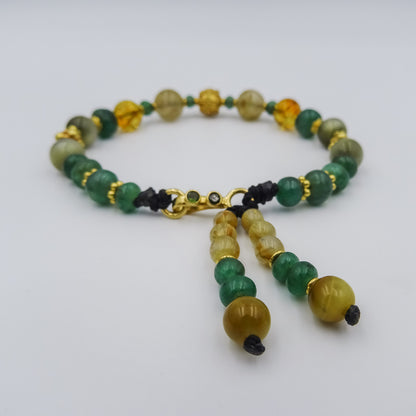 Emerald, Rutile, and Cat Eye Bracelet with 22K Gold Accents