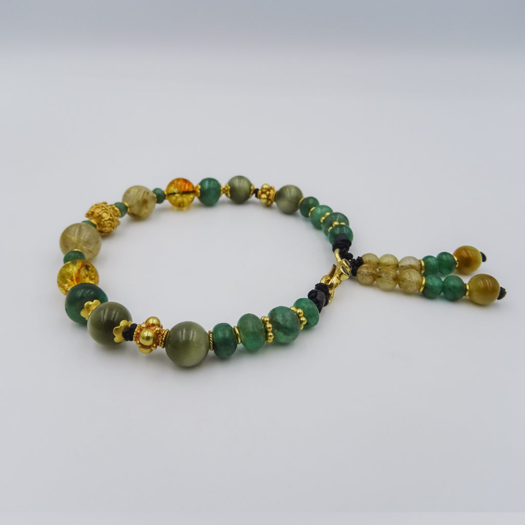 Emerald, Rutile, and Cat Eye Bracelet with 22K Gold Accents