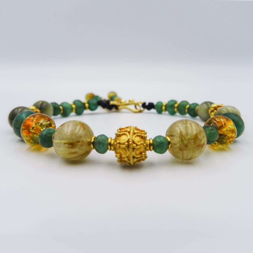 Emerald, Rutile, and Cat Eye Bracelet with 22K Gold Accents