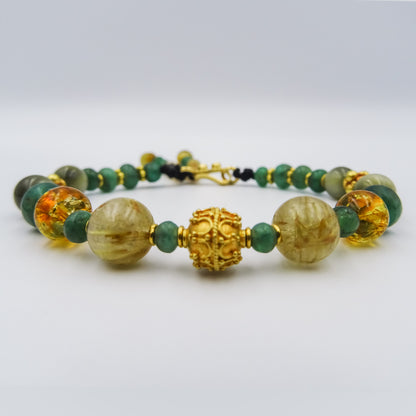 Emerald, Rutile, and Cat Eye Bracelet with 22K Gold Accents