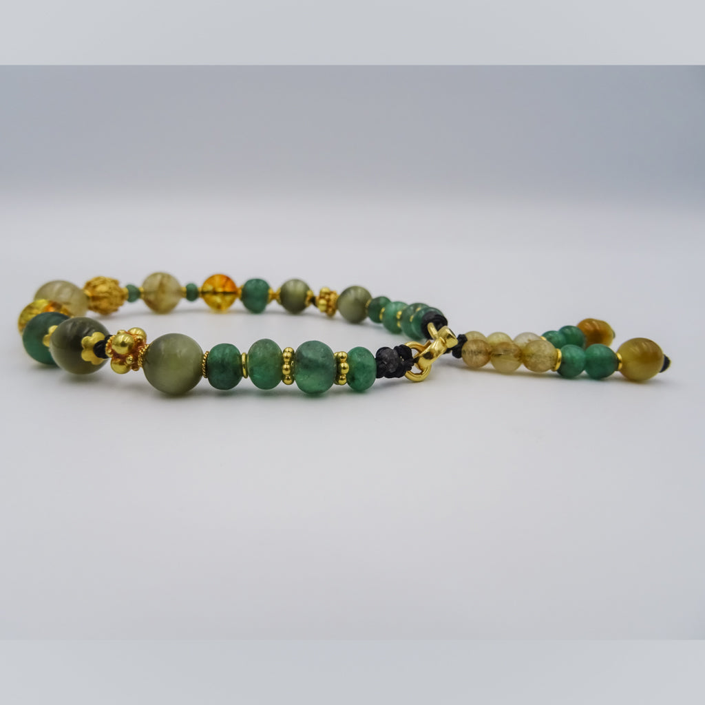 Emerald, Rutile, and Cat Eye Bracelet with 22K Gold Accents