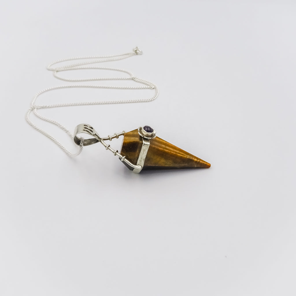 Tiger Eye and Amethyst Pendulum Silver Pendant on a Silver Necklace