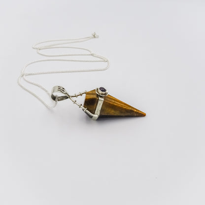 Tiger Eye and Amethyst Pendulum Silver Pendant on a Silver Necklace