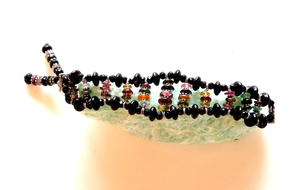 Tourmaline and black obsidian bracelet,with sterling silver