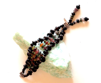 Tourmaline and black obsidian bracelet,with sterling silver