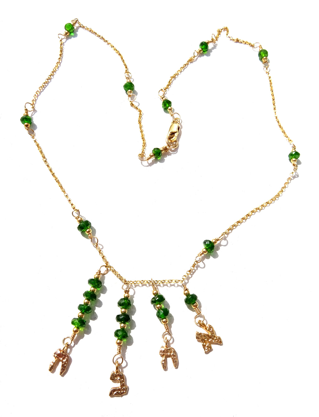 Gold filled necklace with gemstones,Tsavorite with hebrew letters of love Ahava