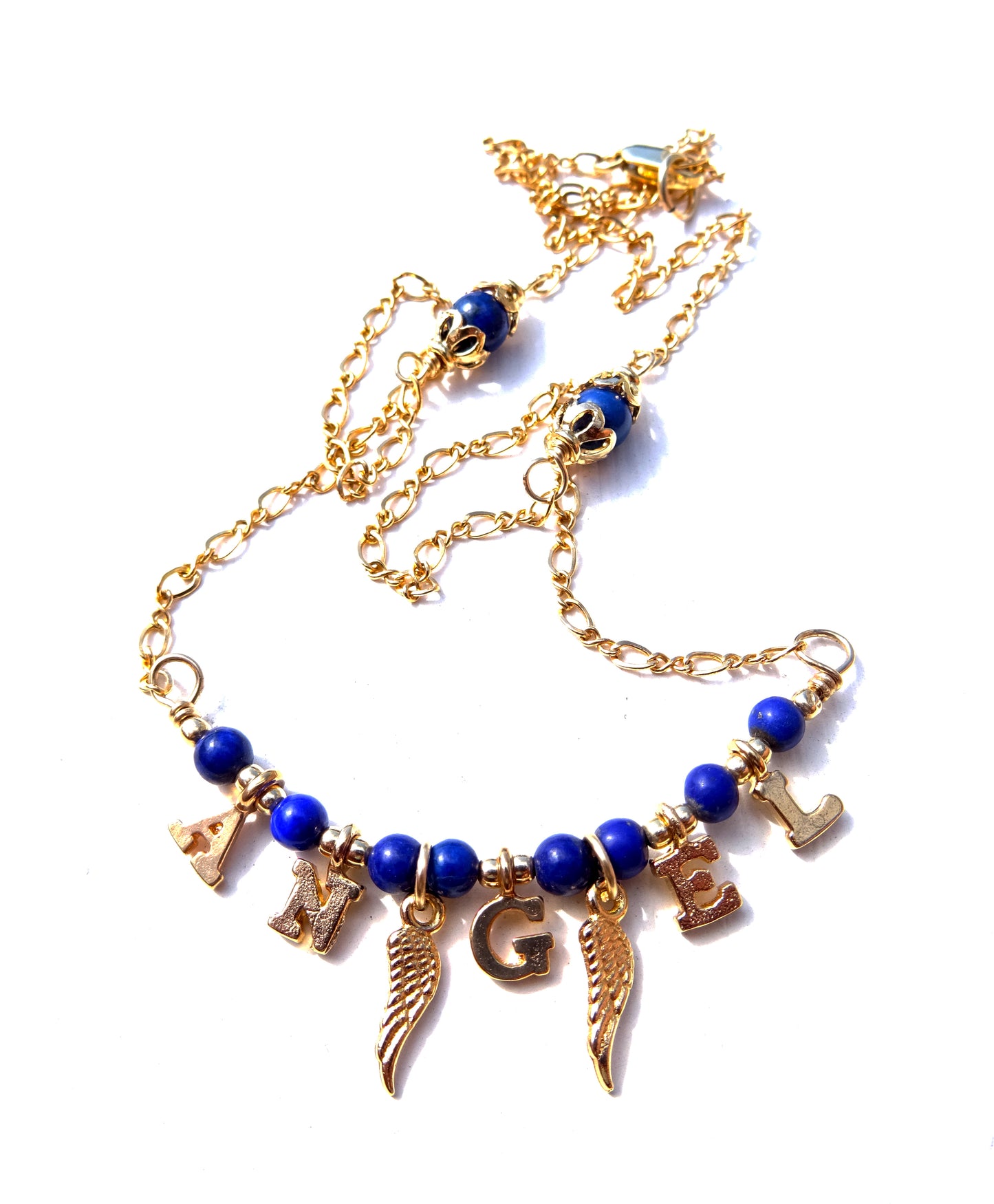 Gold filled necklace with gemstones,Lapis lazuli ,letters of angel and angel wings