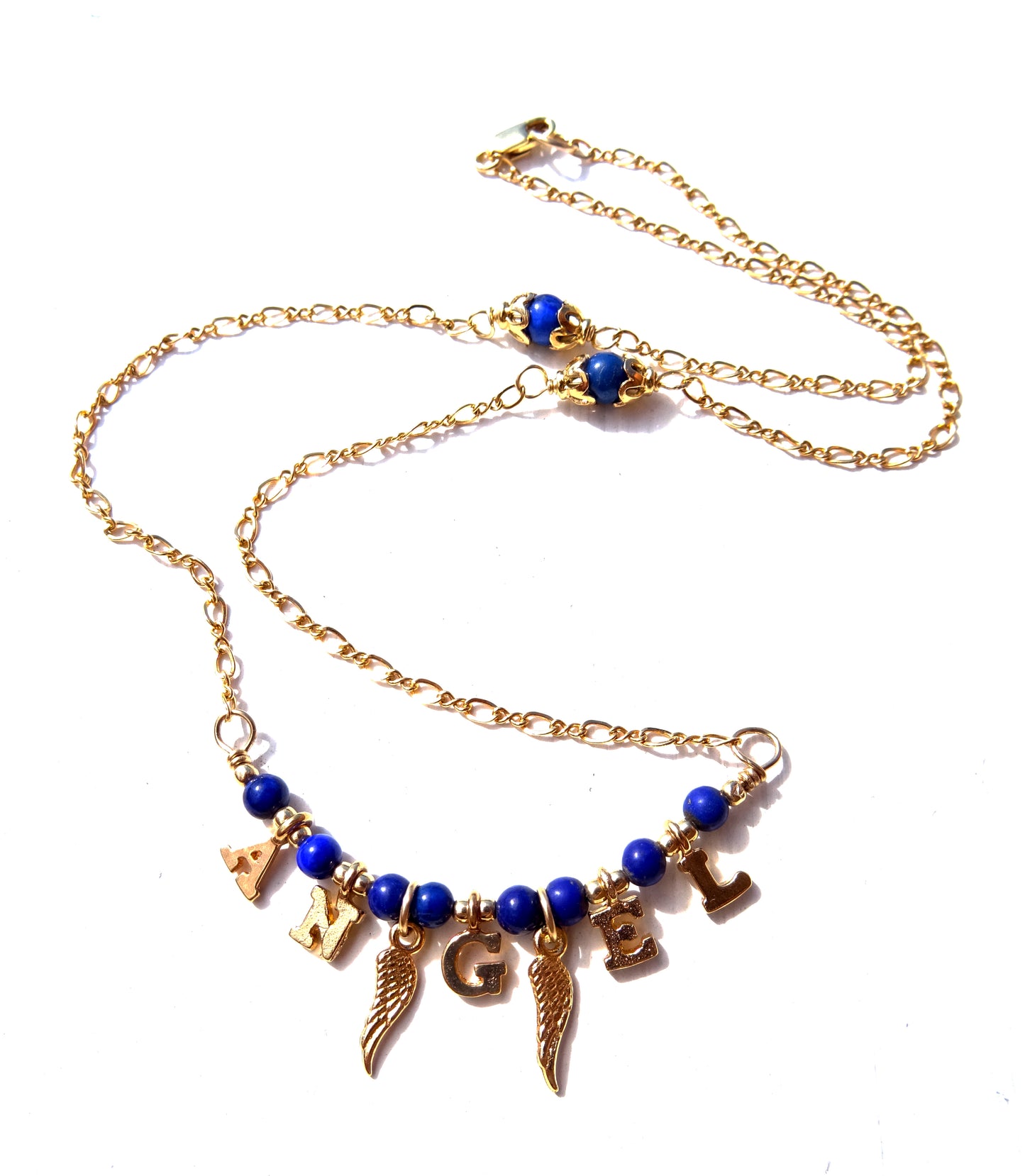 Gold filled necklace with gemstones,Lapis lazuli ,letters of angel and angel wings