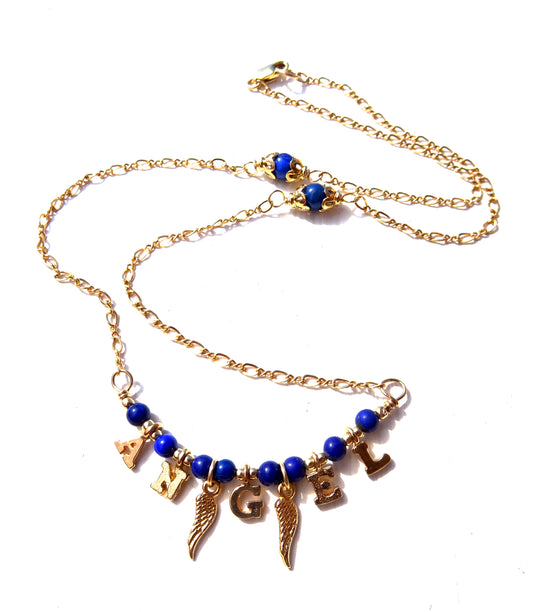 Gold filled necklace with gemstones,Lapis lazuli ,letters of angel and angel wings