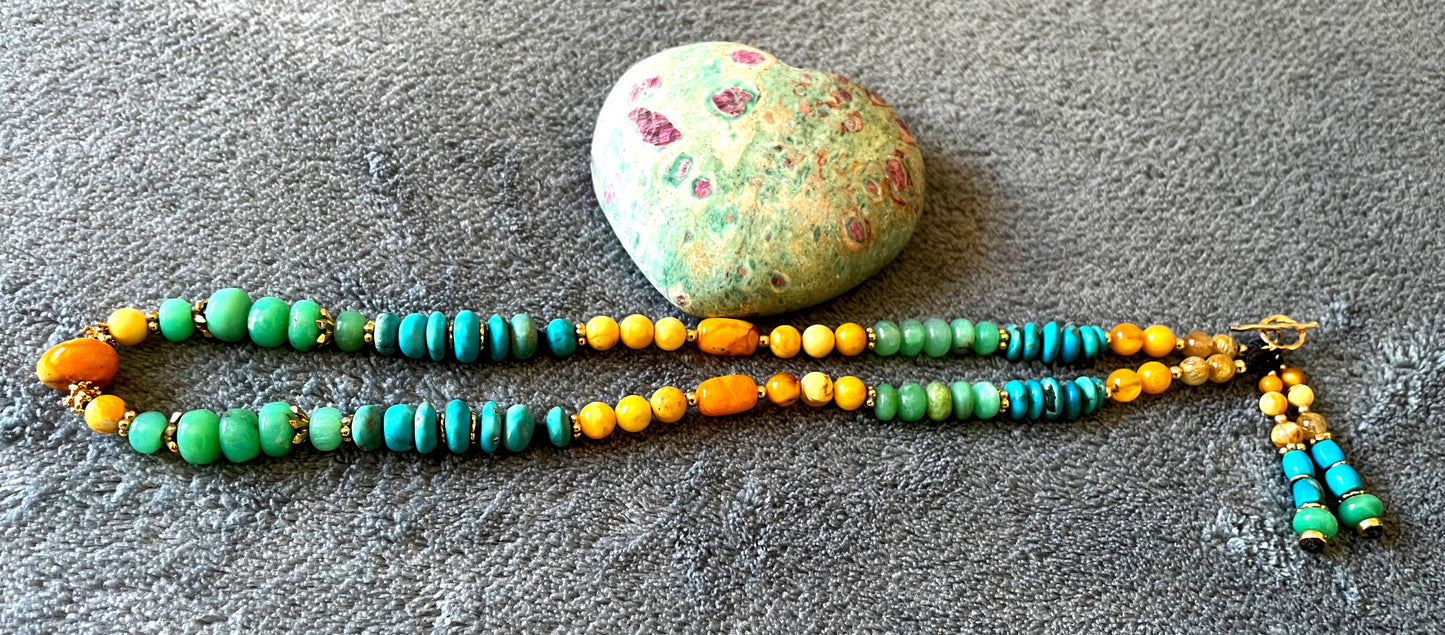 Mala necklace with gemstones and Gold filled,chrysoprase,amber,turquoise,rutilated quartz