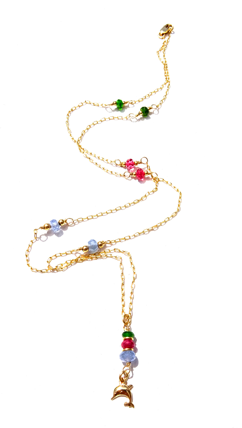 Gold filled necklace with gemstones,Pink spinal,Tsavorite and Tanzanite with a dolphin pendant