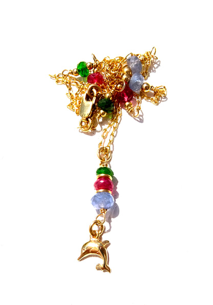 Gold filled necklace with gemstones,Pink spinal,Tsavorite and Tanzanite with a dolphin pendant