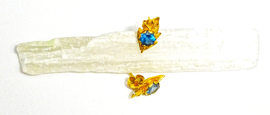 "Nature's Serenity: 18K Gold Leaf-Shaped Earrings with Blue Topaz Gemstones"