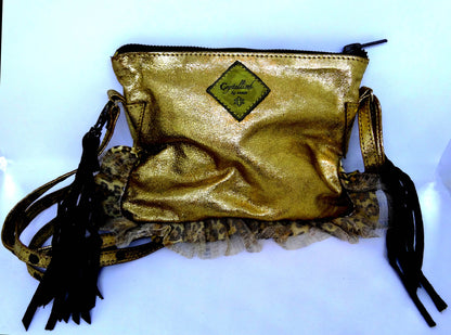 evening bag purse, gold with leopard Ruffle