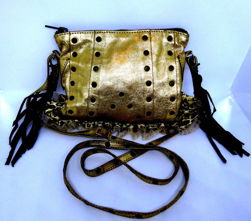 evening bag purse, gold with leopard Ruffle