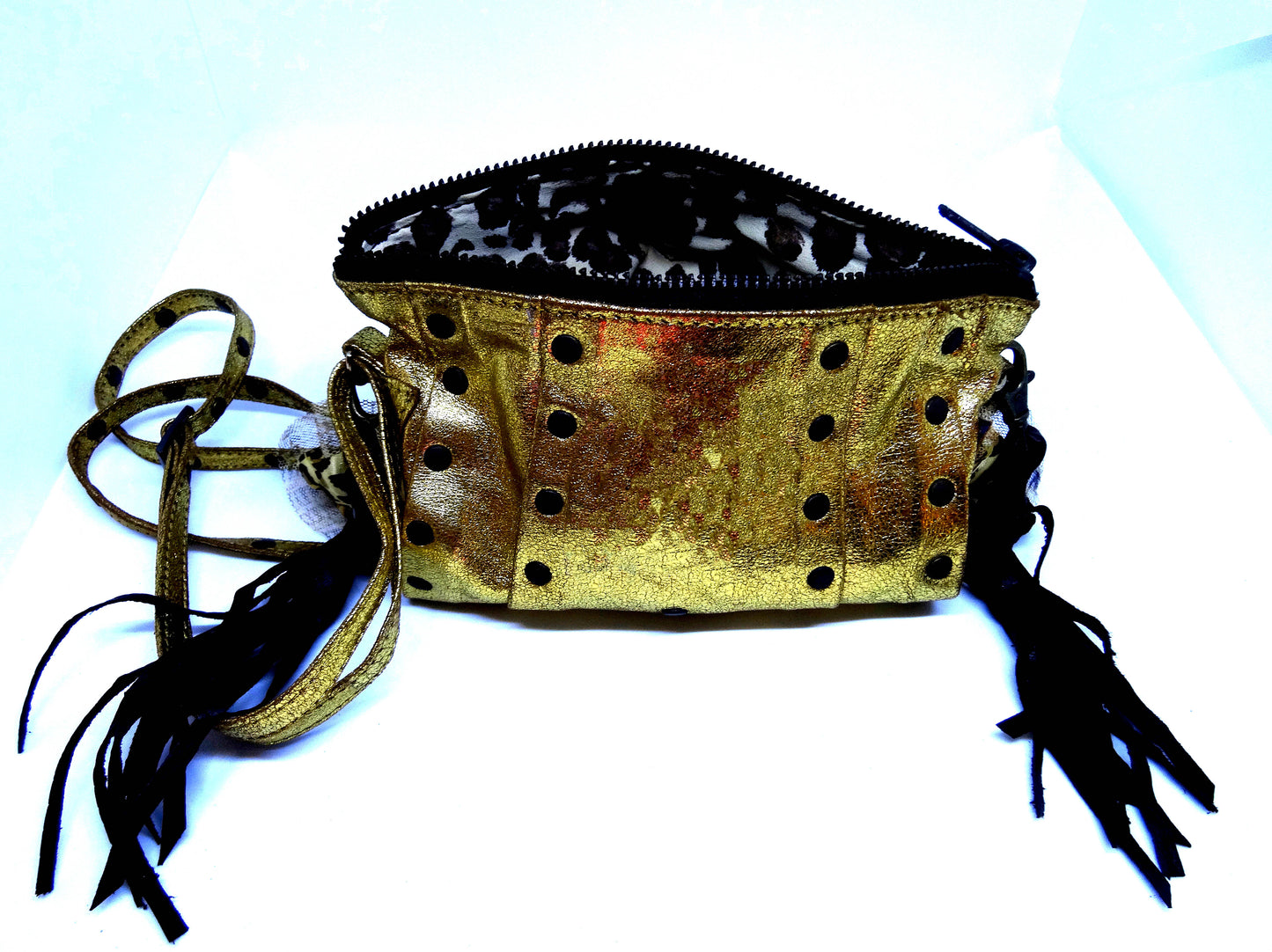 evening bag purse, gold with leopard Ruffle