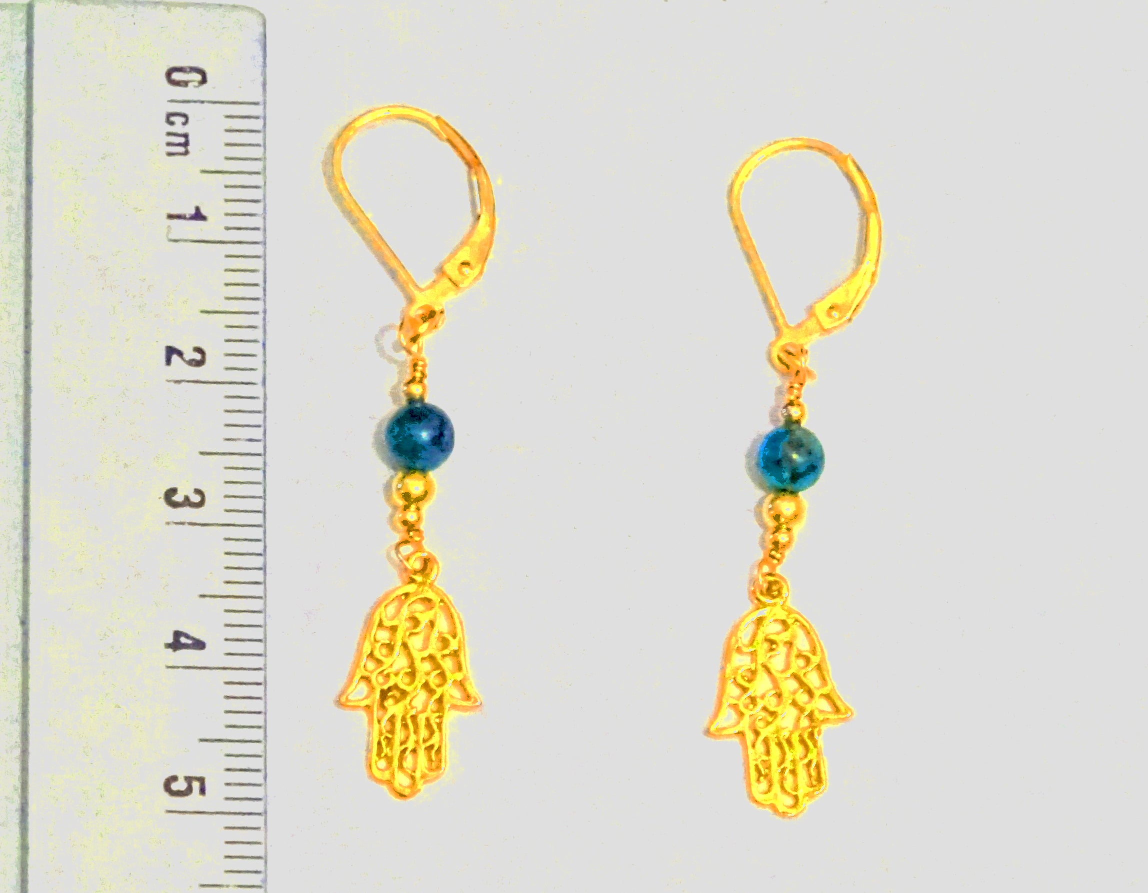 gold filled earring ,with gemstones Turquoise beads with Hamsa symbol