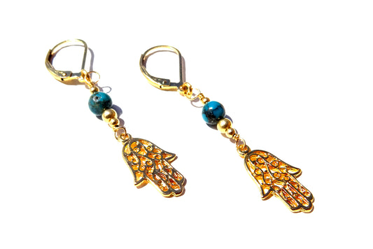 gold filled earring ,with gemstones Turquoise beads with Hamsa symbol