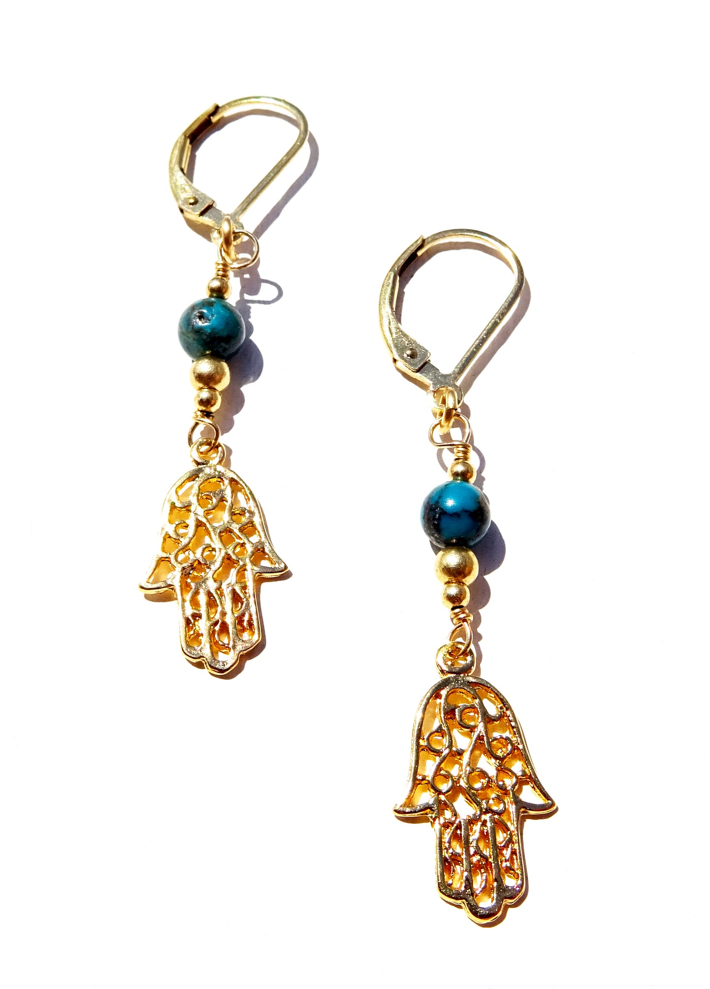 gold filled earring ,with gemstones Turquoise beads with Hamsa symbol