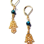 gold filled earring ,with gemstones Turquoise beads with Hamsa symbol