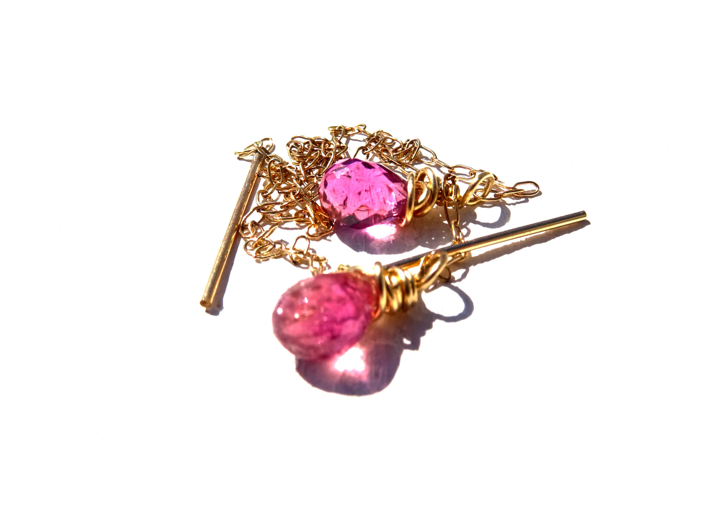 Gold filled earring with pink Tourmaline drop