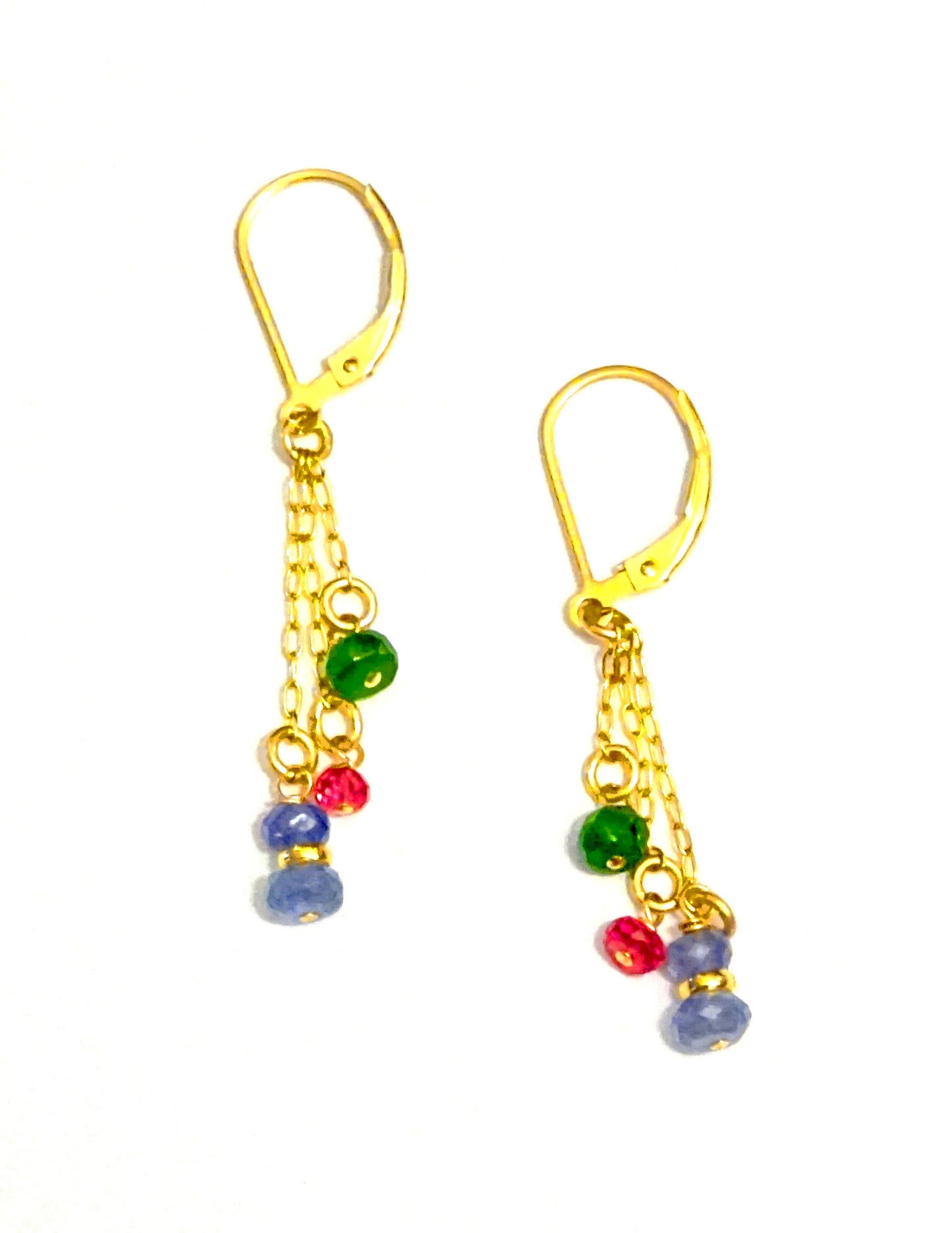 gold-filled earring with Pink spinal Tanzanite and Tsavorite