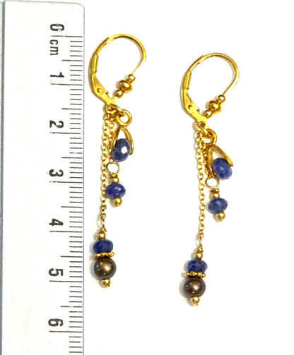 Gold filled earrings with gemstones,Sapphire and Black pearl