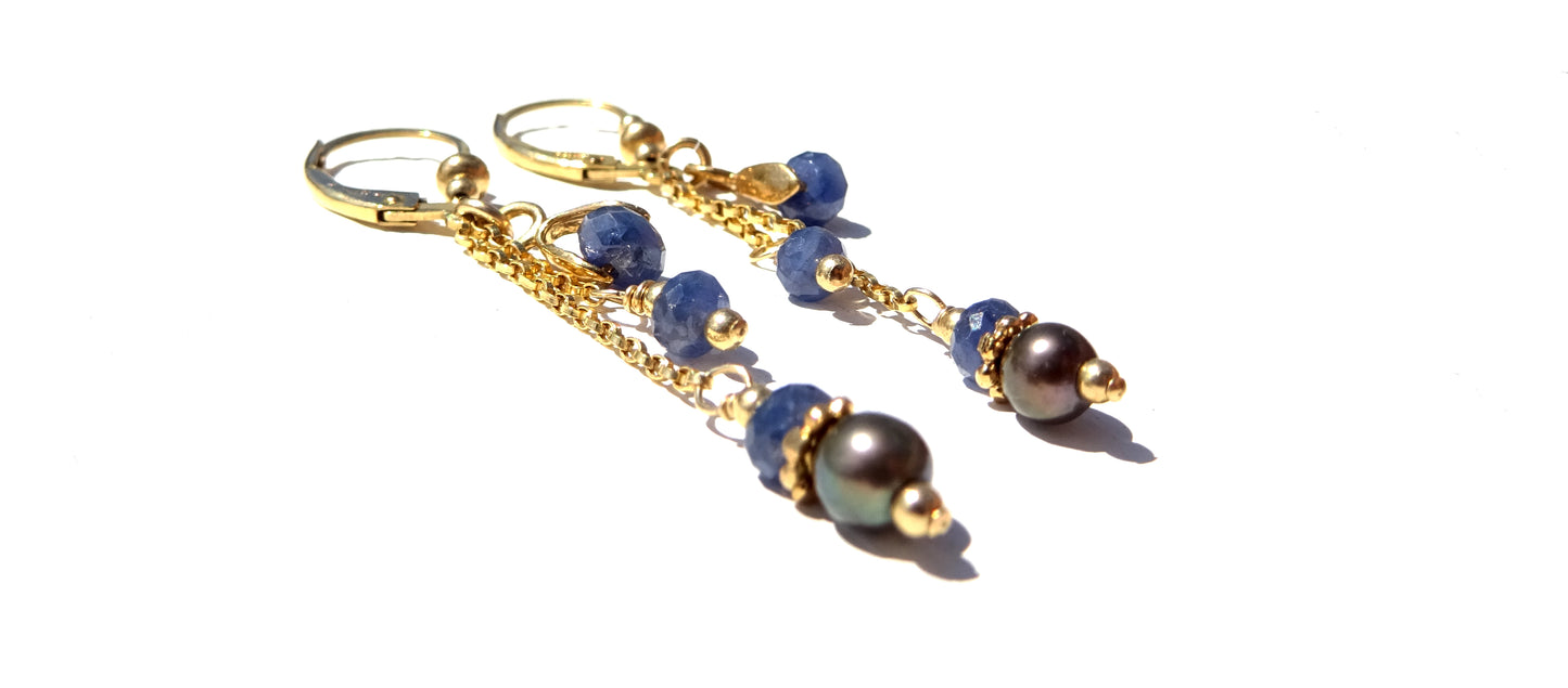 Gold filled earrings with gemstones,Sapphire and Black pearl