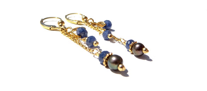 Gold filled earrings with gemstones,Sapphire and Black pearl