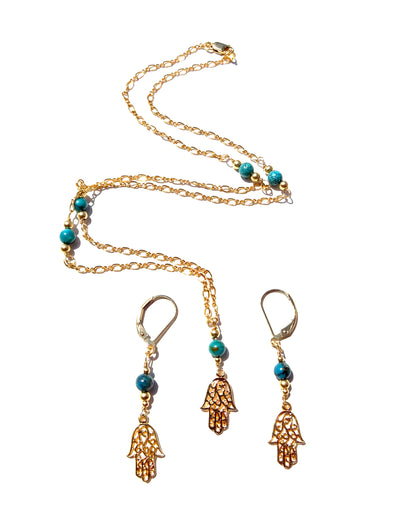 Gold filled earring and necklace set ,with gemstones Turquoise beads with Hamsa symbol