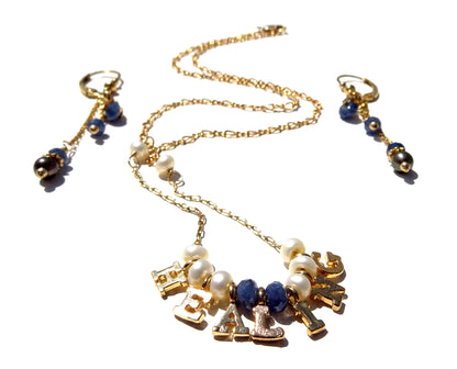 Gold filled earring and necklace set with gemstones,sapphire and white pearls with letters healing