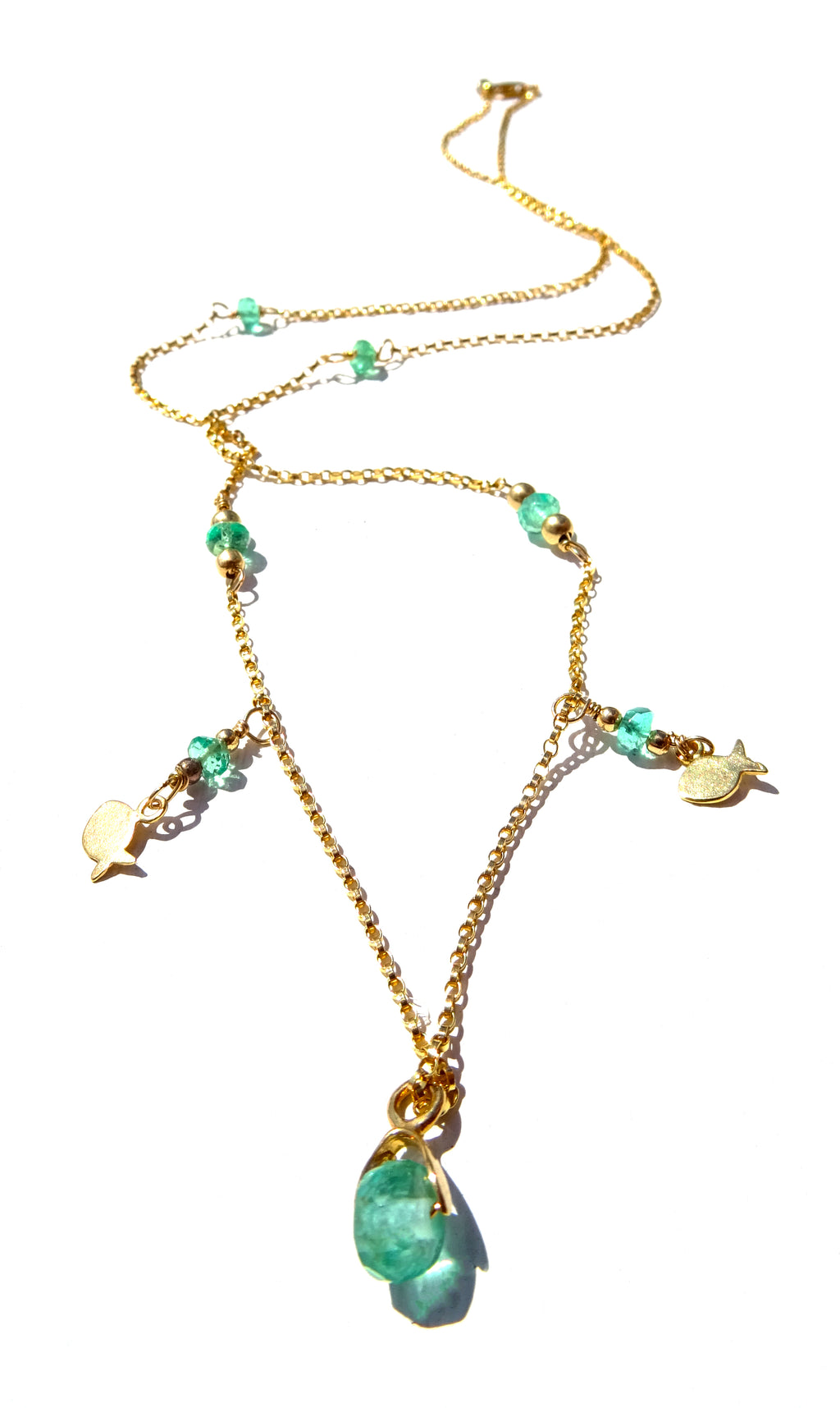 Gold filled necklace with gemstones ,Emerald and a Fish symbol charms