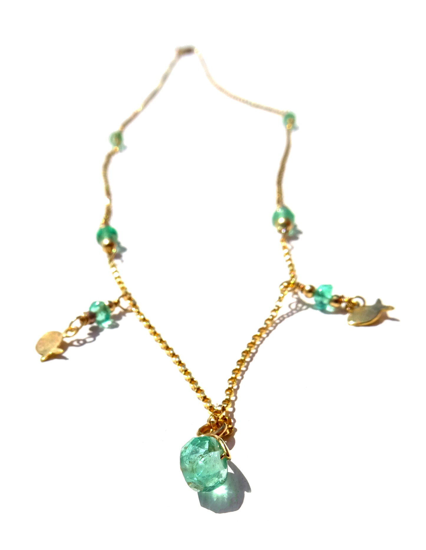 Gold filled necklace with gemstones ,Emerald and a Fish symbol charms