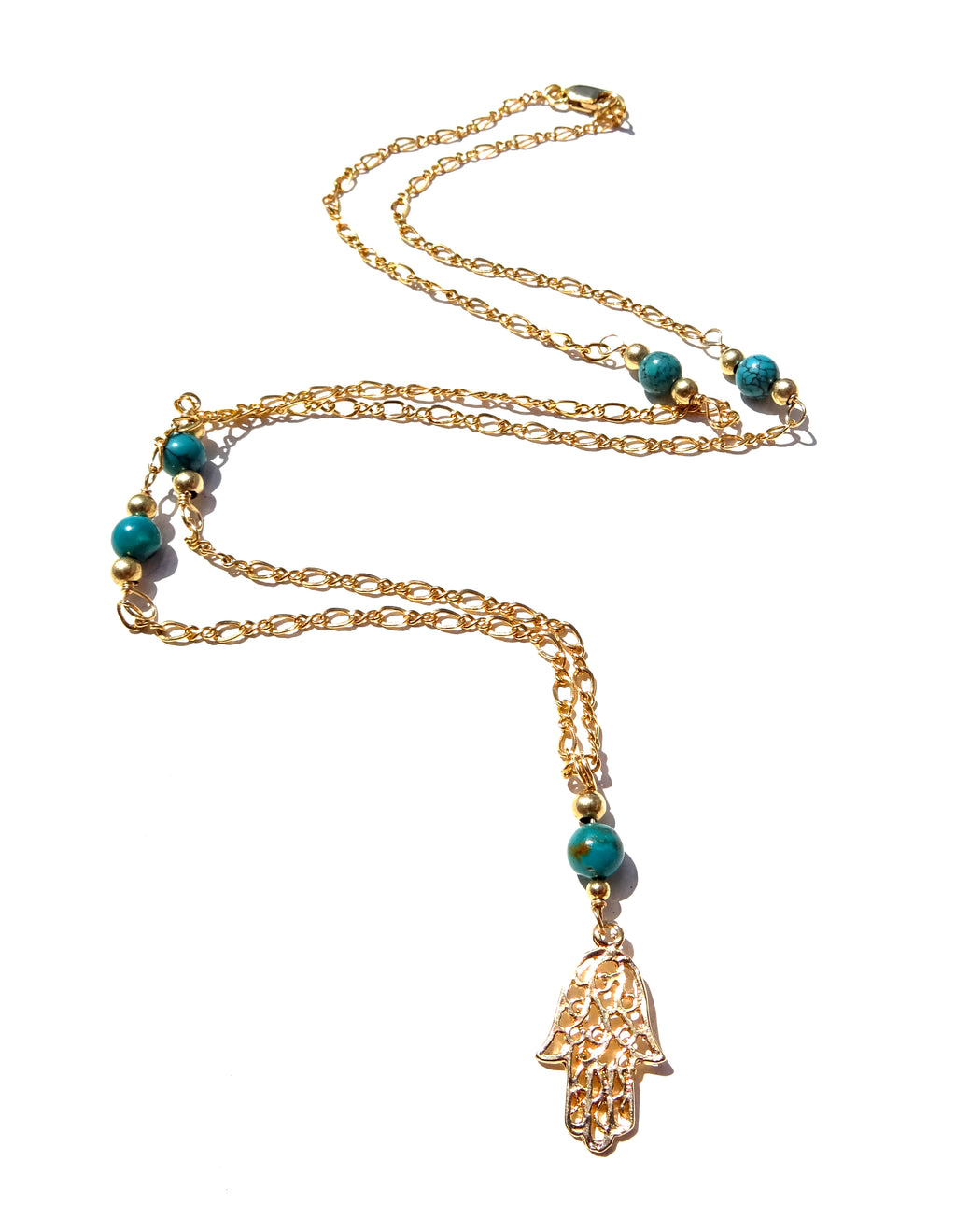 Gold filled necklace with gemstones Turquoise beads with Hamsa symbol pendant