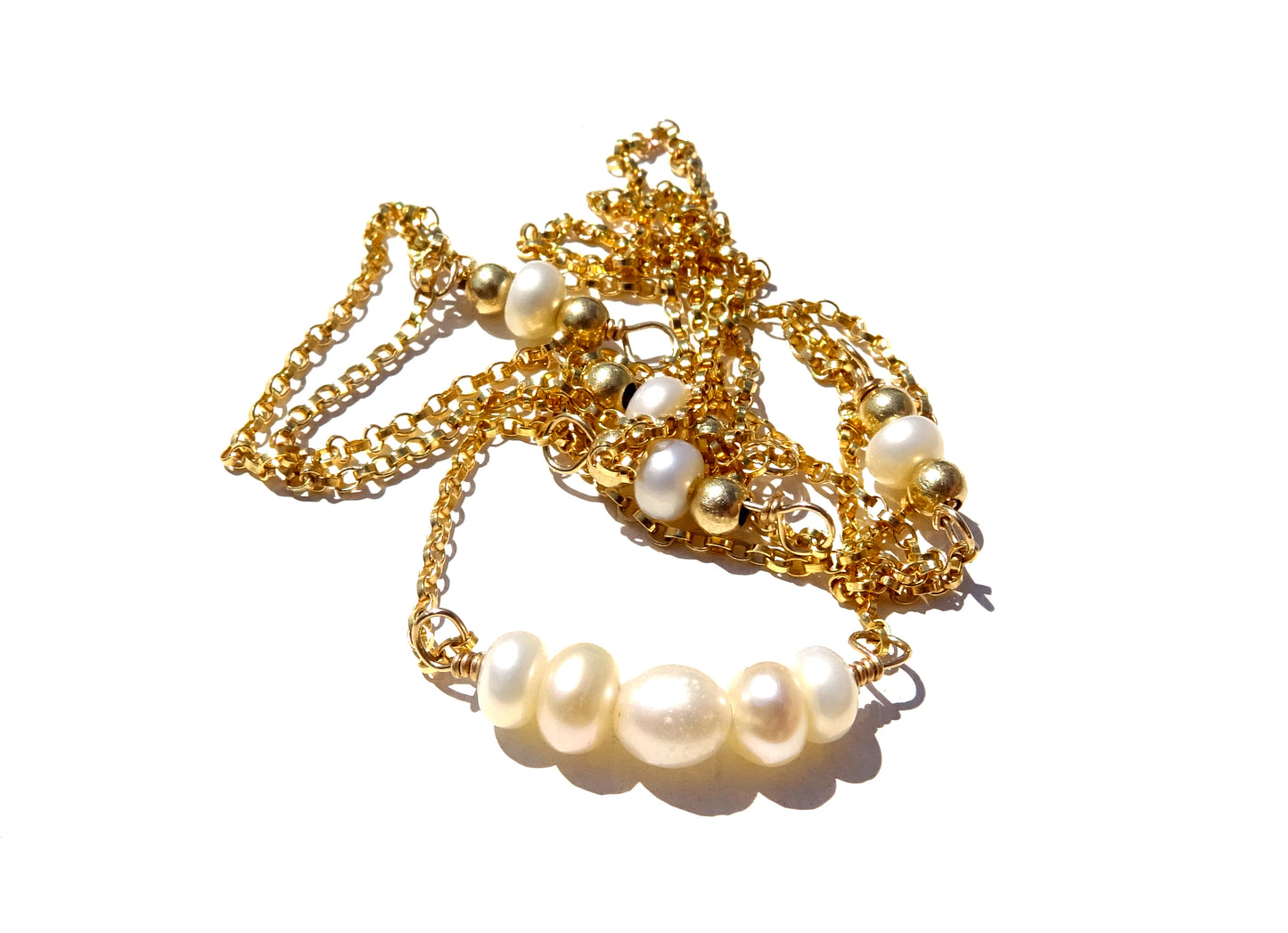 Gold filled necklace with gemstones,white pearl