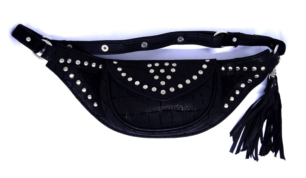 Alva pouch ,leather utility belt ,bum bag ,black with silver studs and leather tussles