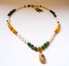 Mala necklace with gemstones and Gold beads, Mexican opal pendant,amber,turqouise,emerald,lemon topaz and white pearls