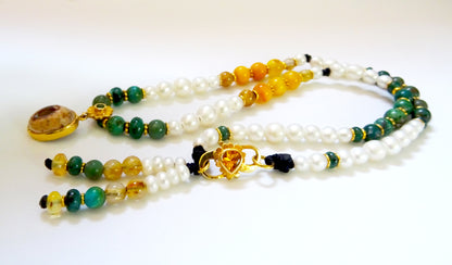 Mala necklace with gemstones and Gold beads, Mexican opal pendant,amber,turqouise,emerald,lemon topaz and white pearls