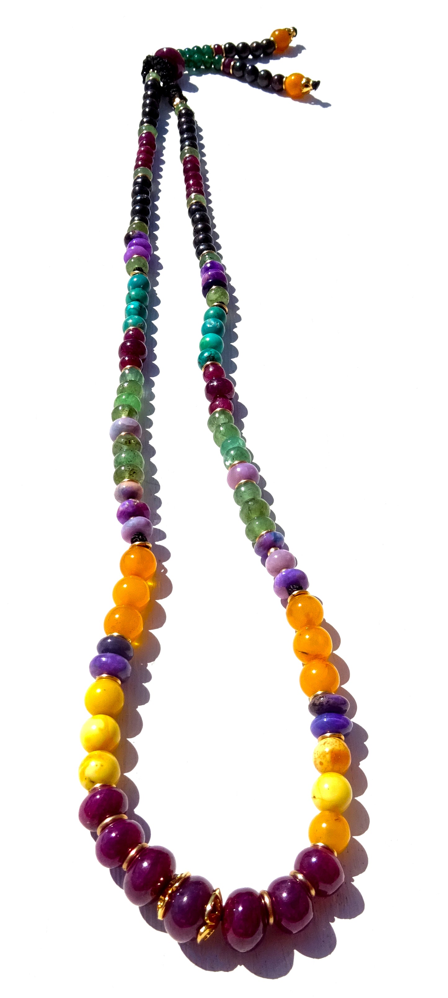 Malla necklace with gemstones and Gold filled,Amber ,Emerald ,Ruby ,Sugilite ,Black pearls ,Turquoise