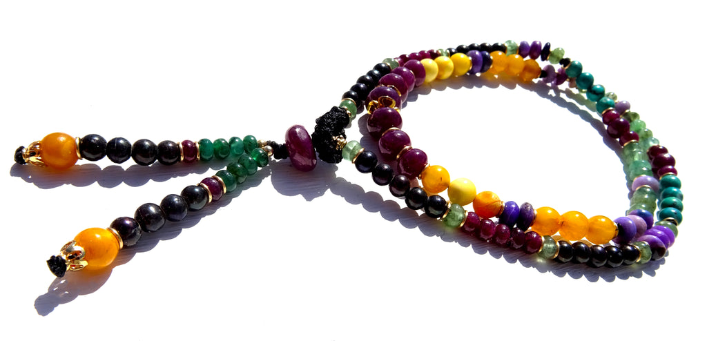 Malla necklace with gemstones and Gold filled,Amber ,Emerald ,Ruby ,Sugilite ,Black pearls ,Turquoise