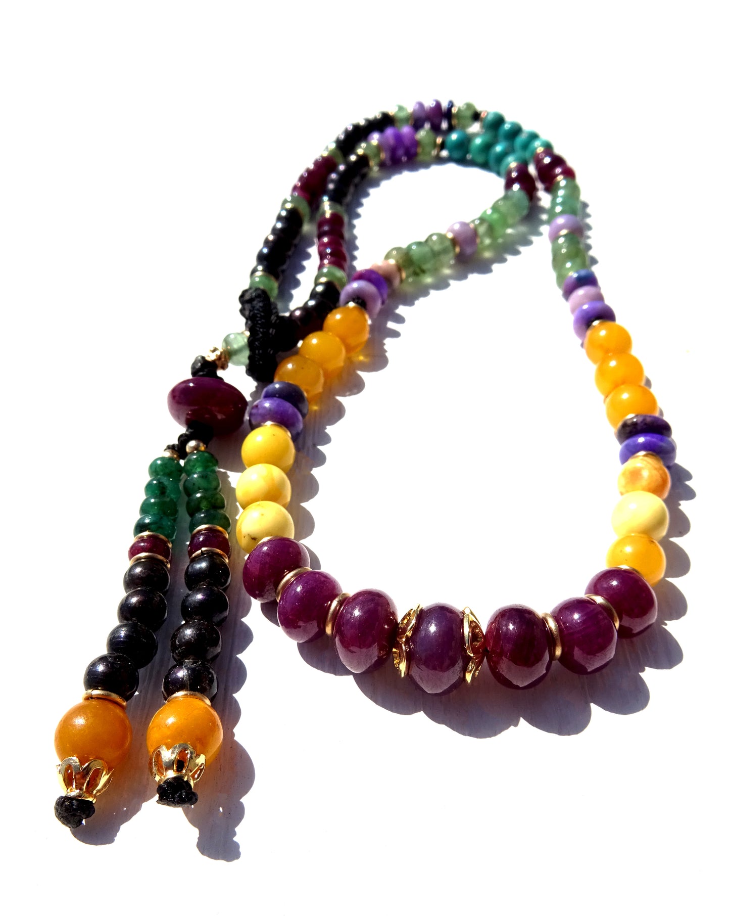 Malla necklace with gemstones and Gold filled,Amber ,Emerald ,Ruby ,Sugilite ,Black pearls ,Turquoise