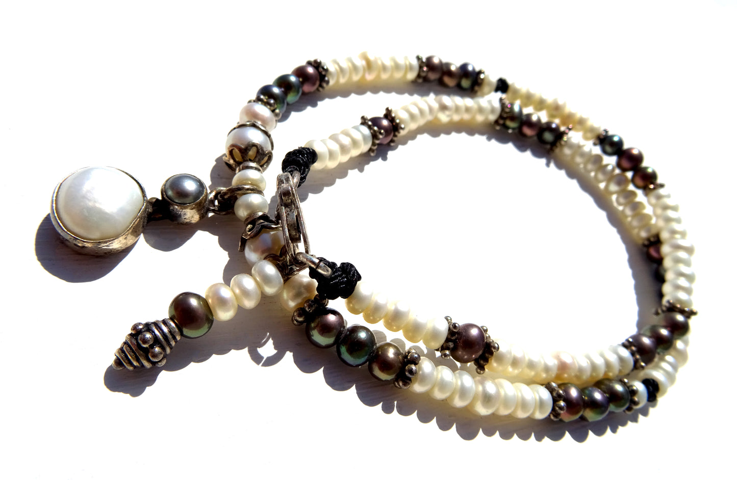 Beaded necklace ,white pearls, black pearl, sterling silver