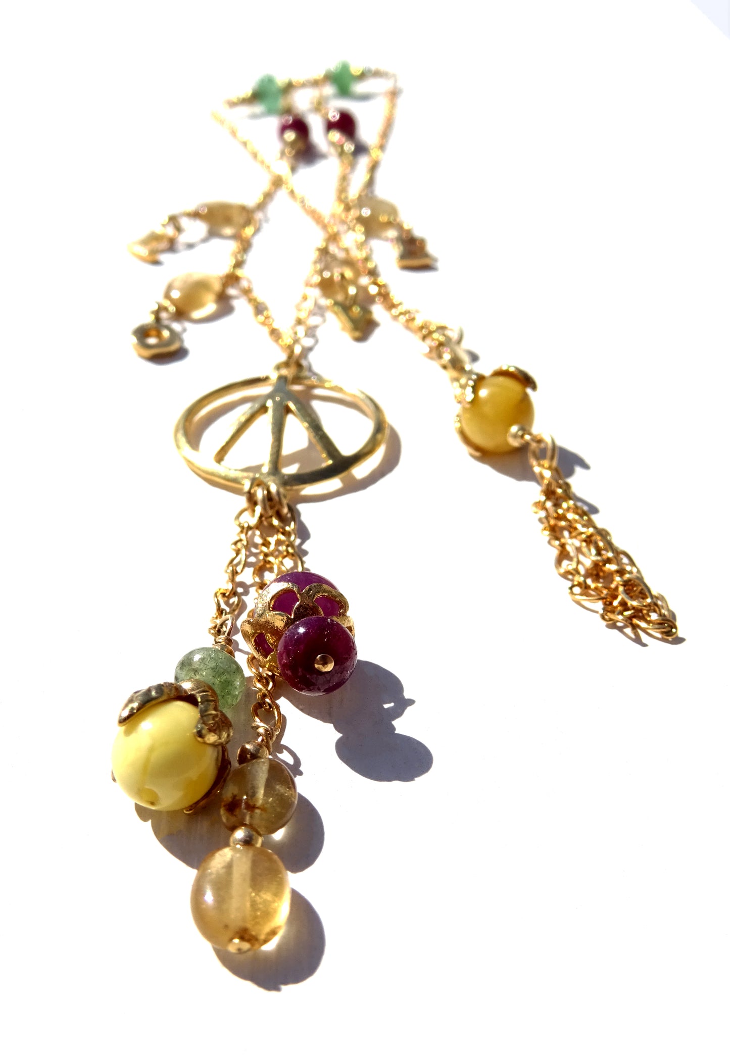 Gold filled necklace with gemstones,peace&love,Emerald Amber Ruby and Citrine